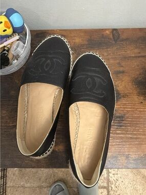 CHANEL Black Espadrille Loafers with Stitched Logo